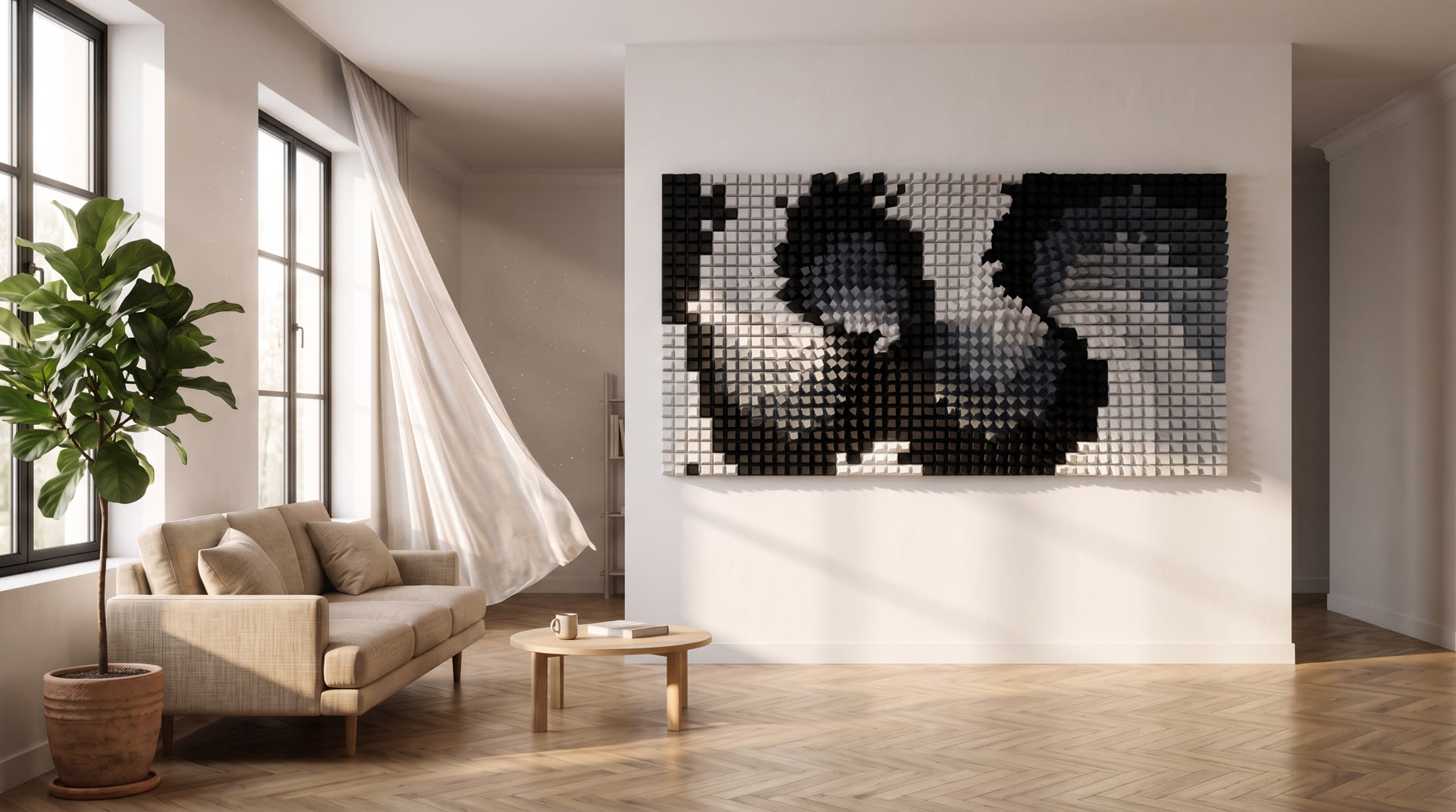 Sala com painel de parede WallArt montado